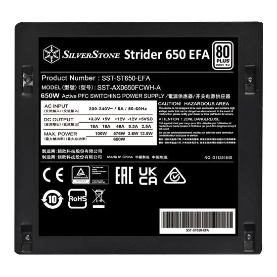 SilverStone Strider 650 EFA 80 PLUS 230V EU 650W ATX (PS2) Power Supply - Black